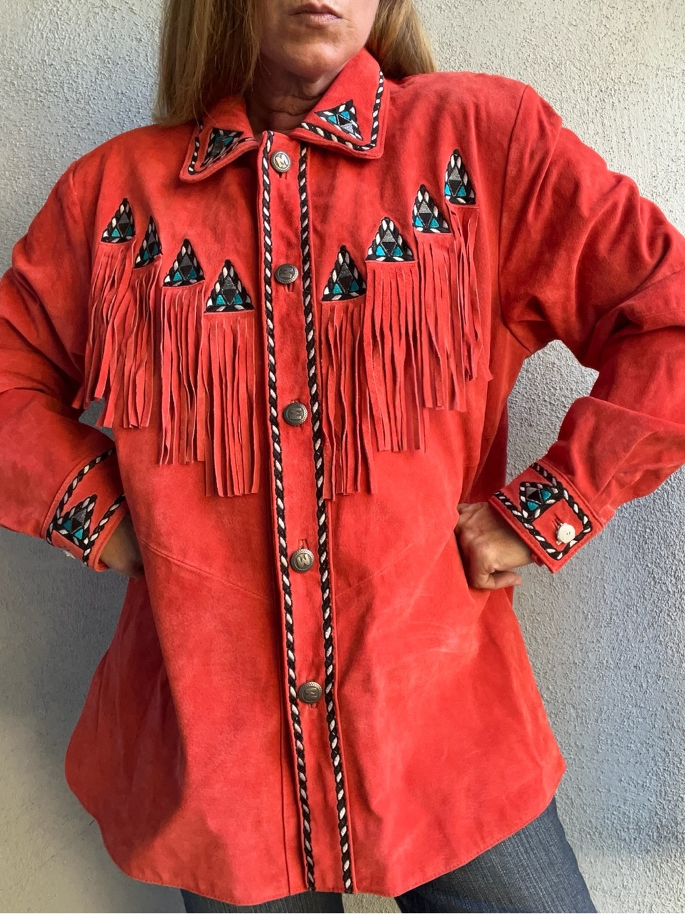 VTG 90s Bob Mackie Wearable Art Orange Suede Fringe Southwestern Jacket XL - Picture 5 of 16